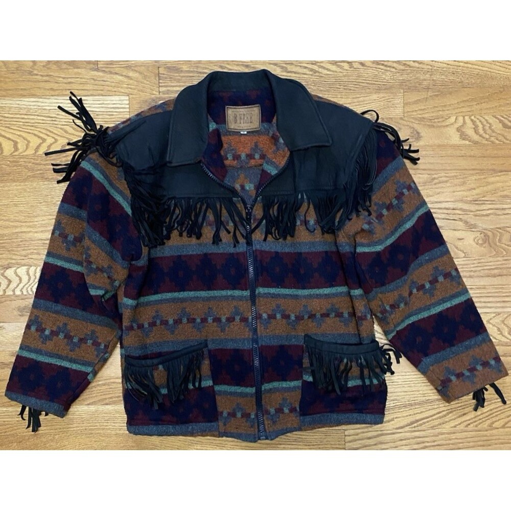 Vintage B. Free Aztec Southwestern Black Leather Fringe Wool Blend Jacket S 80's